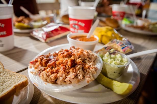 A plate of barbecue and sides
