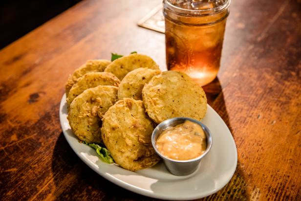 Fried green tomatoes and ice tea at The Whistle Stop Cafe in Juliette, Georgia