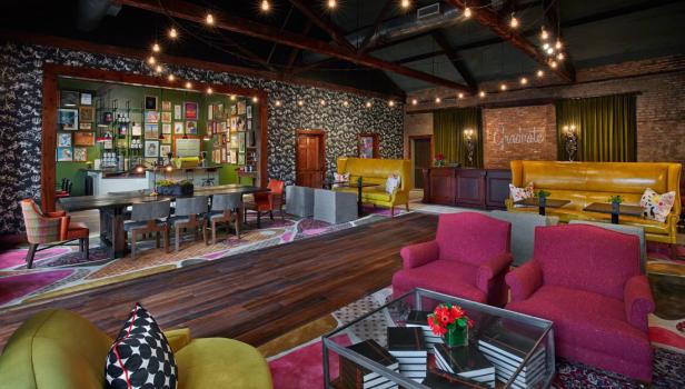 Inside the lobby of Hotel Abacus in Athens, Georgia