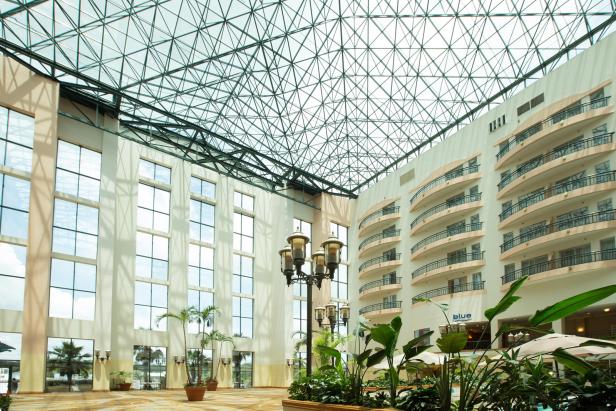 Inside the atrium of the Savannah Marriott Riverfront in Savannah, Georgia