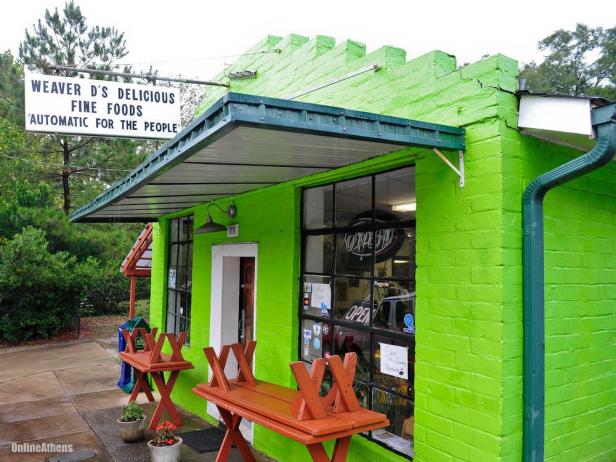 Lime green exterior of Weaver D's Delicious Fine Foods in Athens