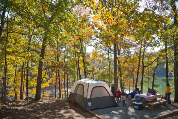 Tent among the trees in fall at Red Top Mountain State Park