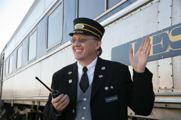 Train conductor on the SAM Shortline Railroad in Cordele, Georgia