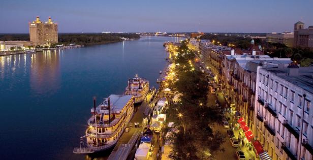 Aerial view of River Street in Savannah in the evening