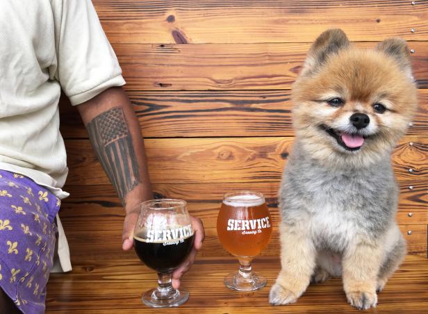 A dog and a person with glasses of beer at Service Brewing Co. in Savannah