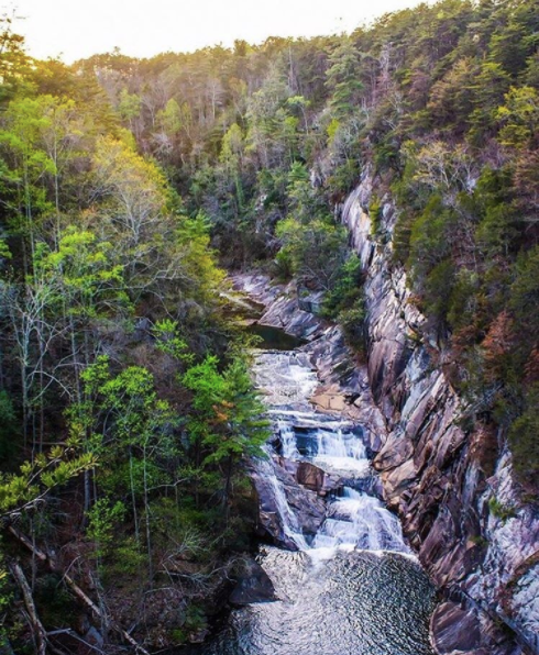 Aerial view of a waterfall in a tree-covered canyon.