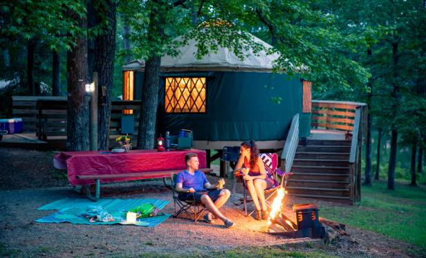 Couple camping at a yurt at High Falls State Park in Jackson, Georgia