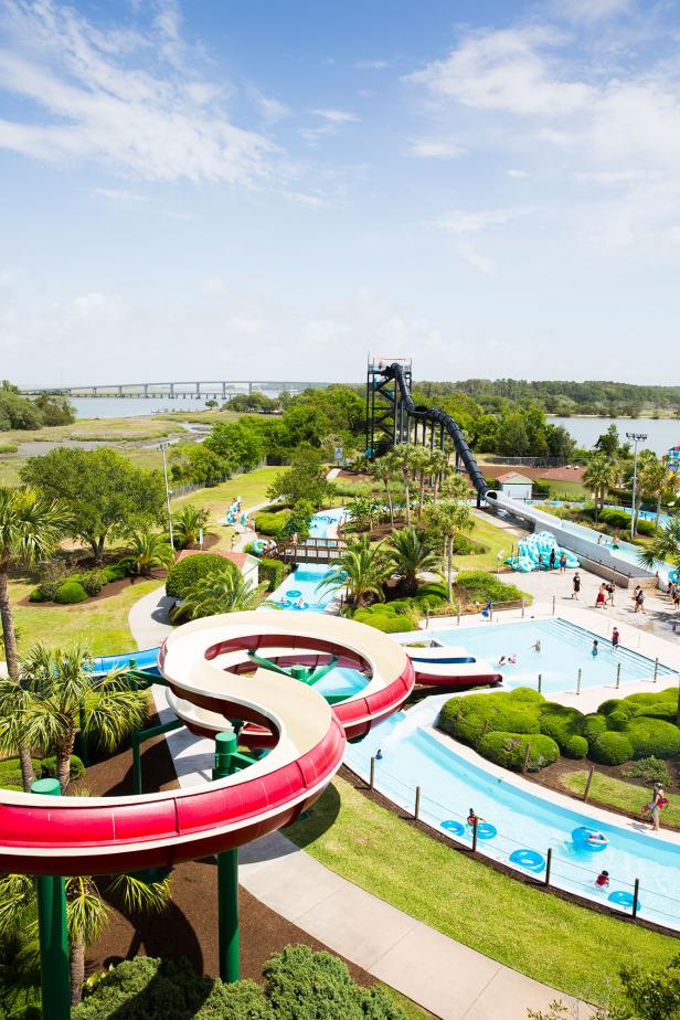 Overhead view of water rides at Summer Waves on Jekyll Island, Georgia