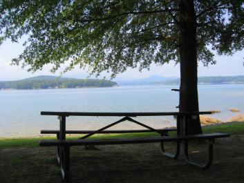 Picnic area at Morganton Beach on Lake Blue Ridge