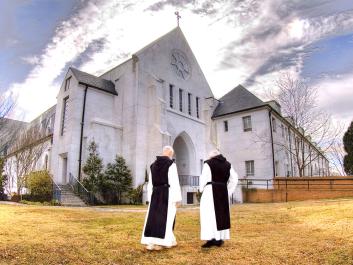 Monks on the Abbey Church lawn at the Monastery of the Holy Spirit, Conyers Georgia