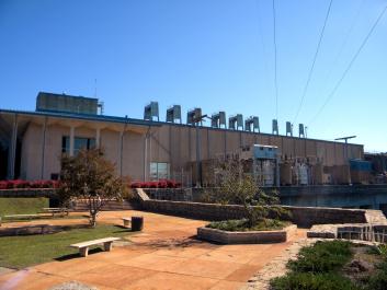 The West Point Lake Powerhouse and Dam as seen from down river. 