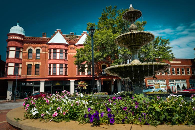 View of the Fitzpatrick Hotel and fountain in Downtown Washington, Georgia. Photo by Chris Greer