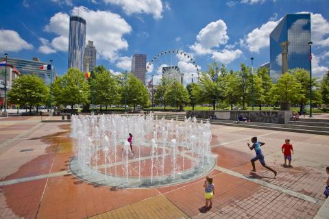 Kids playing in the Fountain of Rings at Centennial Olympic Park in Atlanta, Georgia