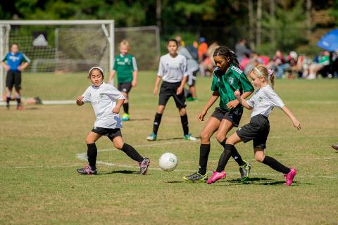 Girls playing soccer in Gwinnett County, Georgia