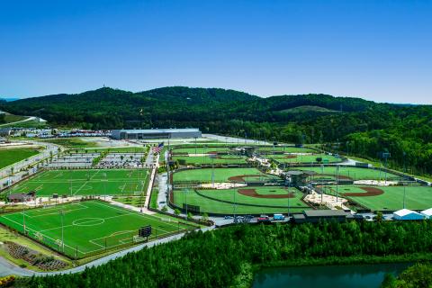 Aerial view of baseball fields at LakePoint Sports in Emerson, Georgia
