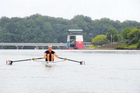 Person rowing at Lake Lanier Olympic Park in Gainesville, Georgia