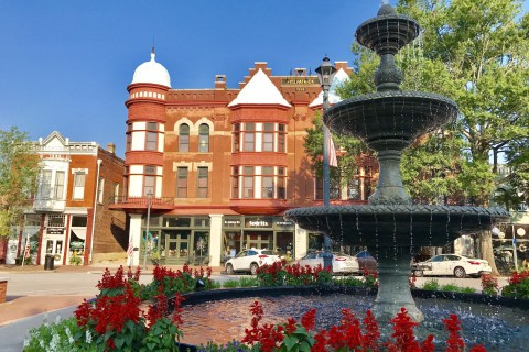 Historic building and fountain in Washington, Georgia