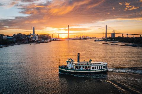 Sunset scene with riverboat in Savannah, Georgia