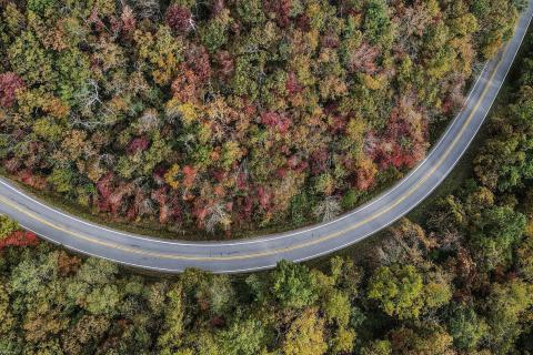 Aerial view of Hog Pen Gap on Richard B. Russell Scenic Highway in Helen, Georgia