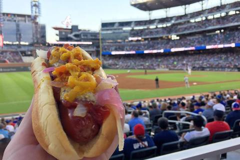 Hot dog at an Atlanta Braves game at Truist Park in Atlanta, Georgia