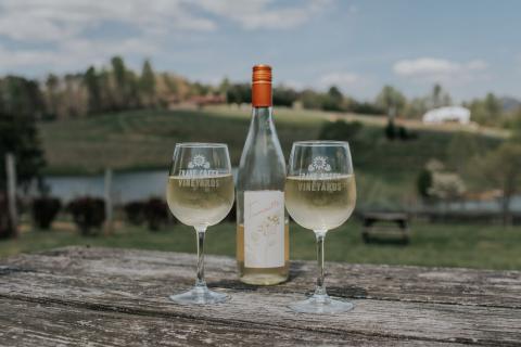 Bottle of white wine and two glasses at Crane Creek Vineyards in Young Harris, Georgia