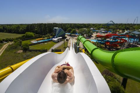 Man on a water slide at Wild Adventures in Valdosta, Georgia