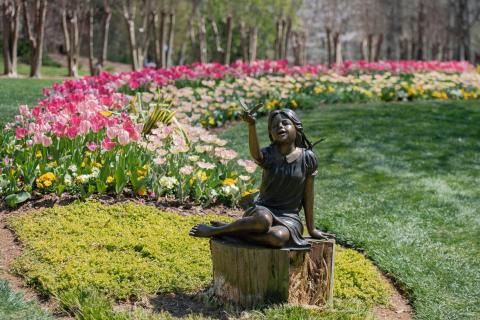 Statue of girl surrounded by tulips at Gibbs Gardens in Ball Ground, Georgia