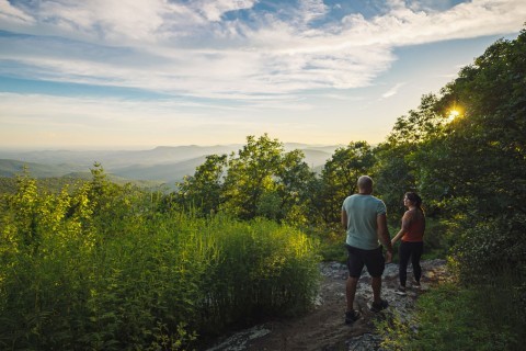 A couple hiking on a trail surrounded with lush greenery.