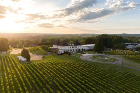 Aerial view of Chateau Elan Winery, surrounded by greenery at sunset.
