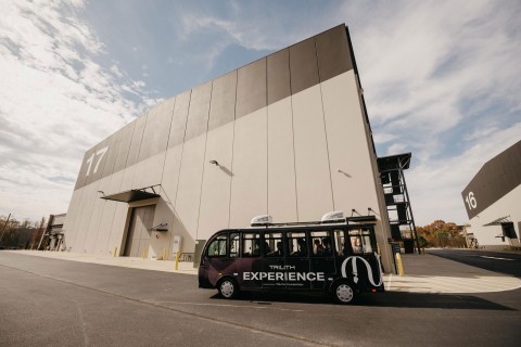 tour bus outside a sound stage at Trilith Studios in Fayetteville, Georgia