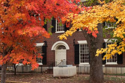 Dahlonega Gold Museum Historic Site framed by fall foliage