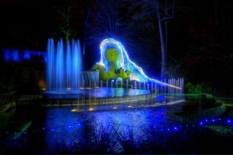 Earth Goddess lit for the holidays at Atlanta Botanical Garden in Atlanta, Georgia
