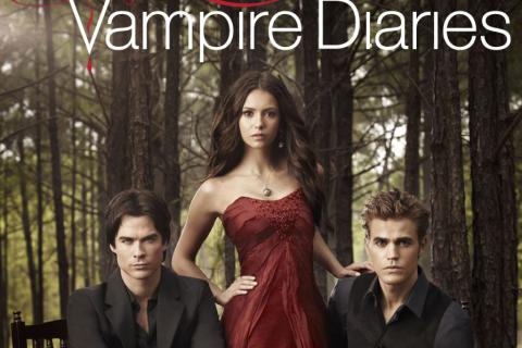 Three actors are shown in a promotion photo for the Vampire Diaries TV series.
