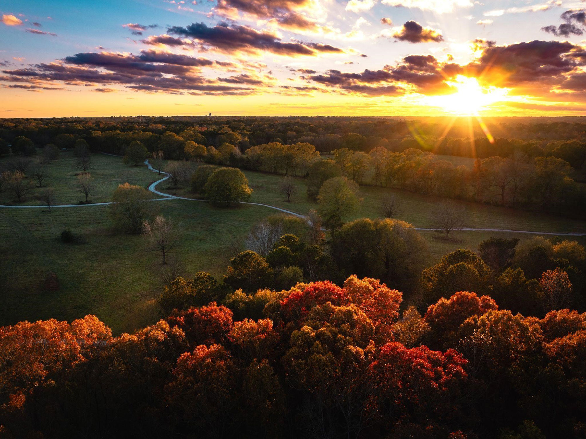 Aerial view of sunrise over Thomas Farm Preserve in Watkinsville, Georgia