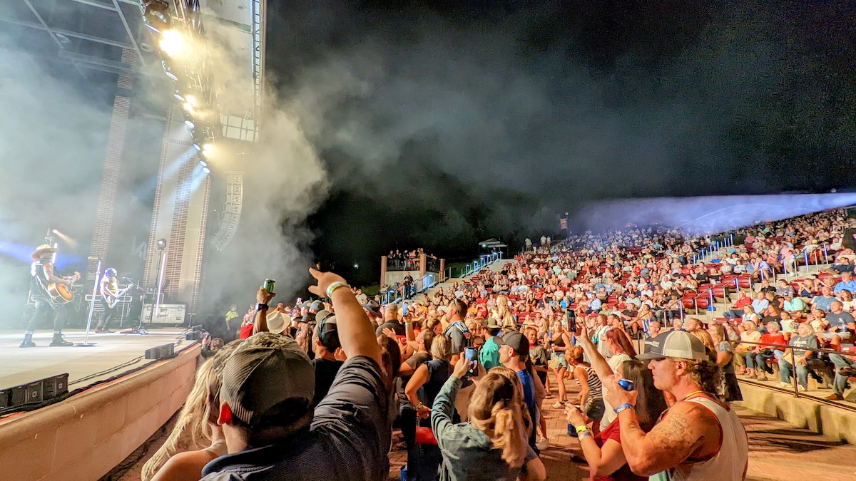 Crowd looking at stage with band at the Sweetland Amphitheatre